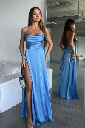 A Line Cowl Neck Blue Silk Satin Bridesmaid Dresses with Slit
