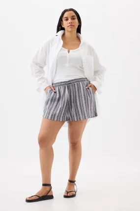 Navy Blue Stripe Linen Blend Pull On Shorts