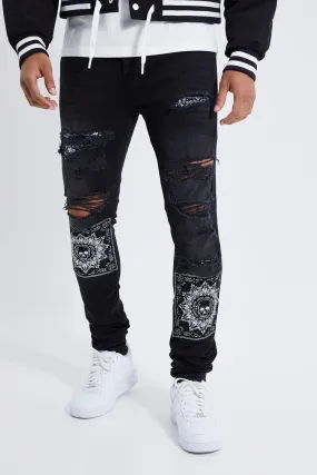 Skinny Stacked Rip & Repair Bandana Jeans