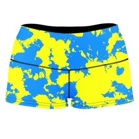 Yellow and Blue Paint Splatter High-Waisted Women's Shorts